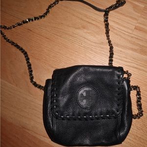 Tory Burch black mini crossbody purse with gold hardware.